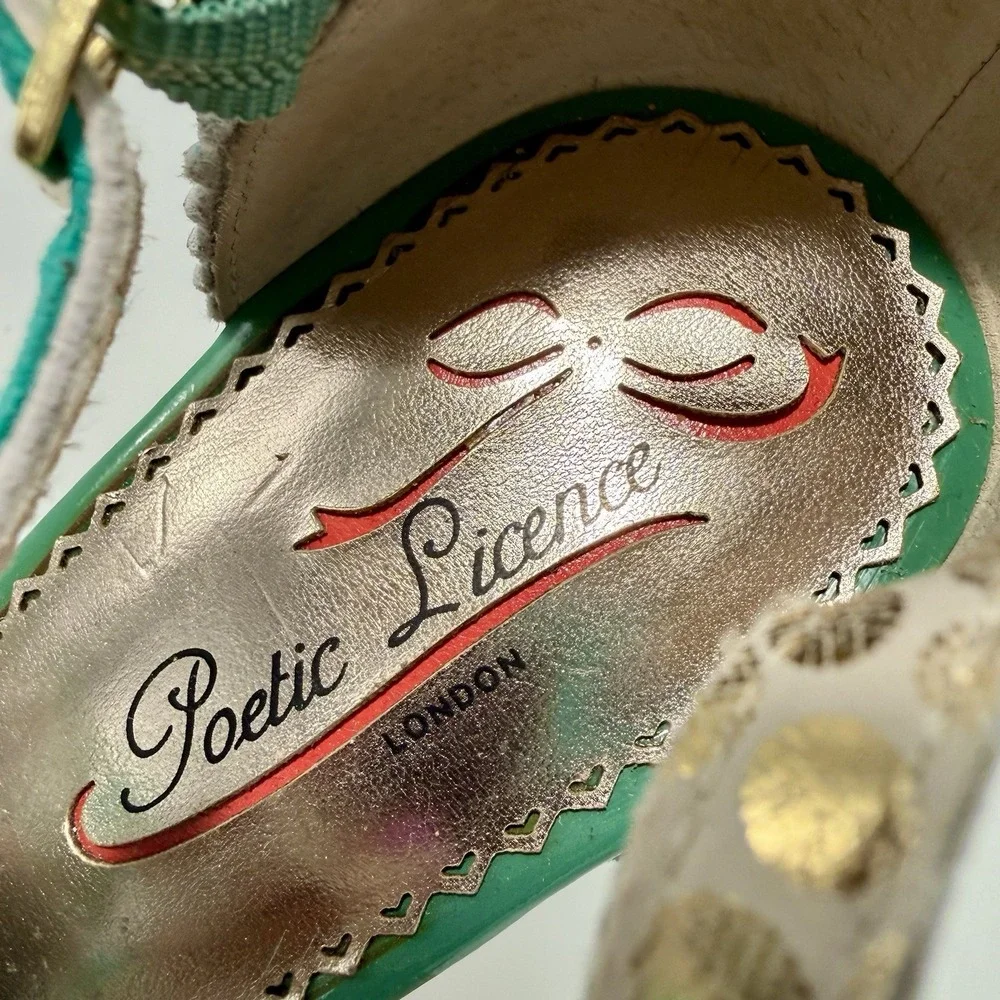 Poetic License Date Night Teal Gold Trim Stiletto Platform Heels Peep Toe 8.5M